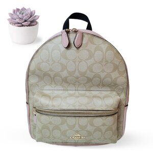 COACH Signature Canvas Mini Backpack Khaki Pink Leather Trim Bag